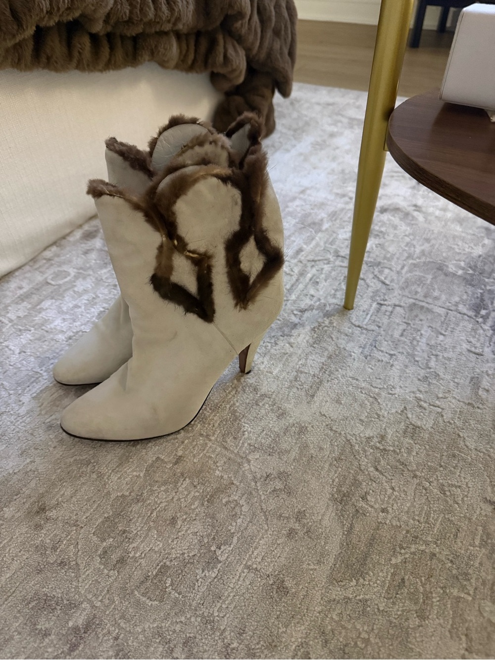 RARE MINK-Fur Trim Cream Suede Ankle Heeled Boots